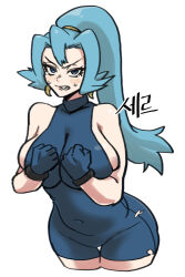 Rule 34 | 1girl, alternate breast size, blue bodysuit, blue eyes, blush, bodysuit, breasts, clair (pokemon), clenched hands, clenched teeth, commentary, covered navel, cowboy shot, creatures (company), earrings, eyelashes, flipped hair, game freak, gigobyte350, gloves, highres, jewelry, nintendo, pokemon, pokemon hgss, ponytail, simple background, solo, tearing up, teeth, tooth earrings, white background