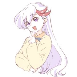Rule 34 | 1girl, absurdres, aikawa akane, blue bow, blue bowtie, bow, bowtie, brown sweater, commentary, head tilt, highres, index finger raised, long hair, looking to the side, mahou tsukai tai!, mayoineko, multicolored hair, purple eyes, purple hair, red hair, simple background, solo, streaked hair, sweater, two-tone hair, upper body, white background
