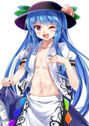 Rule 34 | &gt;:d, 1girl, :d, ;d, black hat, blue hair, blue skirt, blush, breasts, center opening, clothes lift, collarbone, cowboy shot, dress shirt, e.o., flat chest, food, frills, fruit, hat, highres, hinanawi tenshi, leaf, lifted by self, long hair, looking at viewer, navel, no bra, one eye closed, open clothes, open mouth, open shirt, peach, puffy short sleeves, puffy sleeves, rainbow gradient, rainbow order, red eyes, ribs, shirt, short sleeves, sidelocks, skinny, skirt, skirt lift, small breasts, smile, solo, stomach, touhou, v-shaped eyebrows, very long hair, white background, white shirt