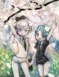 Rule 34 | 2others, amimi, androgynous, antarcticite, aqua eyes, aqua hair, blue eyes, blue hair, branch, bush, crystal hair, gem uniform (houseki no kuni), gloves, hair between eyes, holding hands, houseki no kuni, long bangs, looking at viewer, multiple others, necktie, no nose, open mouth, petals, phosphophyllite, pointing, pointing up, short hair, smile, tree, white eyes, white hair