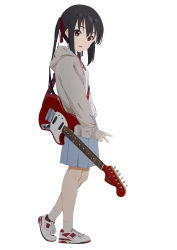 Rule 34 | 1girl, absurdres, anime coloring, black hair, blue skirt, brown eyes, collared shirt, commentary request, electric guitar, fender mustang, film grain, from side, full body, grey hoodie, guitar, hair ribbon, highres, hood, hoodie, instrument, k-on!, long hair, long sleeves, looking at viewer, looking to the side, nakano azusa, neck ribbon, open clothes, open hoodie, open mouth, pleated skirt, red footwear, red ribbon, ribbon, sakuragaoka high school uniform, sakurayama (59 sakurayama), school uniform, shirt, shoes, sidelocks, simple background, skirt, sleeves past wrists, sneakers, socks, solo, standing, twintails, two-tone footwear, v, white background, white footwear, white shirt, white socks