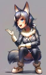 Rule 34 | 10s, 1girl, :d, animal ear fluff, animal ears, black thighhighs, blue eyes, breast pocket, commentary request, extra ears, fangs, full body, fur collar, fur trim, gloves, grey background, grey hair, grey wolf (kemono friends), hand up, heterochromia, highres, kemono friends, long hair, long sleeves, looking away, multicolored hair, necktie, open mouth, panties, pantyshot, plaid, plaid necktie, plaid neckwear, plaid skirt, pleated skirt, pocket, shoes, signature, simple background, skirt, smile, solo, squatting, streaked hair, tail, thighhighs, underwear, welt (kinsei koutenkyoku), white gloves, white hair, wolf ears, wolf tail, yellow eyes