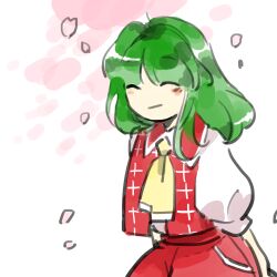 Rule 34 | 1girl, ascot, cherry blossoms, closed eyes, closed mouth, collared shirt, cowboy shot, falling petals, flat chest, green hair, highres, kaigen 1025, kazami yuuka, medium hair, open clothes, open vest, pants, petals, pocket, puffy short sleeves, puffy sleeves, red pants, red vest, seihou, shirt, short sleeves, sketch, solo, vest, white shirt, white trim, yellow ascot