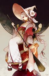 Rule 34 | 1girl, arm support, broom, earrings, flower, food, fruit, geta, halloween, hat, hat flower, head tilt, japanese clothes, jewelry, kimono, long hair, looking at viewer, looking to the side, low-tied long hair, md5 mismatch, muted color, obi, original, pale skin, pomegranate, red eyes, resolution mismatch, sash, shawl, signature, sitting, smile, solo, source larger, tabi, tsubaki (teatime0), white hair, witch, witch hat