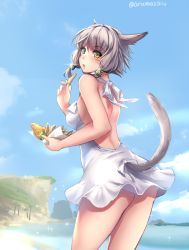 Rule 34 | 10s, 1girl, animal ears, aruma jiki, bare shoulders, beach, blue eyes, bow, cat ears, cat tail, chestnut mouth, cloud, cowboy shot, day, dress, facial mark, final fantasy, final fantasy xiv, food, heterochromia, holding, holding food, lens flare, miqo&#039;te, ocean, outdoors, short dress, sky, sleeveless, sleeveless dress, solo, tail, tail through clothes, twitter username, white bow, white dress, white hair, yellow eyes