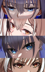 Rule 34 | 2girls, blue hair, blush, bow, bow earrings, braid, braided bangs, brown eyes, brown hair, earrings, hair between eyes, hair intakes, highres, hololive, hololive english, jewelry, looking at viewer, macartura08, multicolored hair, multiple girls, multiple views, nanashi mumei, ouro kronii, streaked hair, virtual youtuber