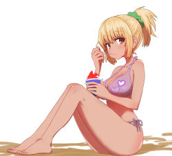 Rule 34 | 1girl, ass, bare legs, bare shoulders, barefoot, bikini, blonde hair, blush, breasts, brown eyes, cleavage, commentary, dark skin, dark-skinned female, eating, food, from side, full body, green scrunchie, gyaru, hair ornament, hair scrunchie, hand up, holding, holding spoon, ice cream, large breasts, looking at viewer, looking to the side, medium hair, no nose, original, ponytail, purple bikini, scrunchie, side-tie bikini bottom, simple background, sitting, solo, spoon, sumiyao (amam), swimsuit, white background
