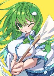 Rule 34 | 1girl, ;d, breasts, e sdss, eyebrows hidden by hair, foreshortening, frog hair ornament, gohei, green eyes, green hair, hair ornament, hair tubes, highres, holding, holding stick, kochiya sanae, large breasts, light blush, long hair, looking at viewer, one eye closed, open mouth, simple background, smile, snake hair ornament, solo, stick, touhou, very long hair, water, yellow background