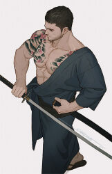 Rule 34 | 1boy, abs, artist name, beard, blue kimono, brown hair, chest tattoo, chris redfield, collarbone, commentary, english commentary, facial hair, holding, holding sword, holding weapon, japanese clothes, katana, kimono, looking ahead, male focus, pectorals, resident evil, sandals, sardine (kjr0313), scabbard, sheath, short hair, shoulder tattoo, simple background, single bare shoulder, solo, sword, tattoo, veins, veiny arms, weapon, white background