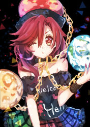 Rule 34 | 1girl, bare shoulders, blush, chain, clothes writing, collar, earth (planet), hecatia lapislazuli, highres, kyouda suzuka, moon, multicolored clothes, multicolored skirt, one eye closed, planet, raised eyebrow, red eyes, red hair, skirt, solo, touhou