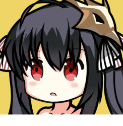 Rule 34 | 1girl, :o, ahoge, azur lane, bare shoulders, black hair, blush, collarbone, commentary request, hair between eyes, hair ribbon, long hair, mask, mask on head, nagato-chan, parted lips, portrait, red eyes, ribbon, simple background, solo, striped ribbon, taihou (azur lane), twintails, white ribbon, yellow background