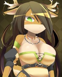 Rule 34 | 1girl, :&lt;, animal ears, antlers, black hair, black sleeves, breasts, brown background, brown horns, cernunnos (fullbokko heroes), checkered background, cleavage, closed mouth, commentary request, cowboy shot, deer ears, deer girl, detached sleeves, frown, fullbokko heroes, furry, furry female, green eyes, hair between eyes, hair over one eye, horns, jewelry, large breasts, lets0020, long bangs, long hair, looking at viewer, necklace, puffy detached sleeves, puffy sleeves, solo, tooth necklace