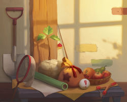 Rule 34 | !, animal crossing, apple, bag, butterfly net, cherry, commentary, english commentary, food, fruit, hand net, indoors, nintendo, peach, pear, photia, plant, realistic, shadow, shovel, slingshot (weapon), still life, table