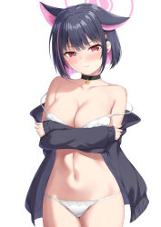 Rule 34 | 1girl, 3:, animal ears, bare shoulders, black choker, black hair, black jacket, blue archive, bra, breast hold, breasts, choker, cleavage, closed mouth, collarbone, colored inner hair, cowboy shot, embarrassed, extra ears, frown, hair ornament, hairclip, halo, highres, jacket, kazusa (blue archive), long sleeves, looking at viewer, medium breasts, multicolored hair, navel, off shoulder, open clothes, open jacket, panties, red eyes, short hair, sidelocks, simple background, solo, standing, stomach, strap slip, string bra, string panties, tatsumiya kagari, underwear, v-shaped eyebrows, white background, white bra, white panties