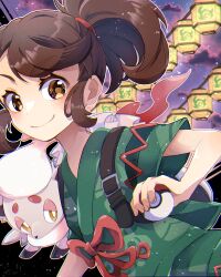 Rule 34 | 1girl, alternate hairstyle, backpack, bag, blush, brown eyes, brown hair, child, closed mouth, cloud, commentary request, creatures (company), eyelashes, female focus, fingernails, flat chest, game freak, green jacket, green shorts, highres, hisuian zorua, holding, holding poke ball, jacket, japanese clothes, jinbei (clothes), juliana (pokemon), long hair, looking at viewer, matching hair/eyes, neck, nintendo, official alternate costume, outdoors, poke ball, poke ball (basic), pokemon, pokemon (creature), pokemon sv, ponytail, short sleeves, shorts, side ponytail, sidelocks, sky, smile, stray0641071225, swept bangs, traditional clothes