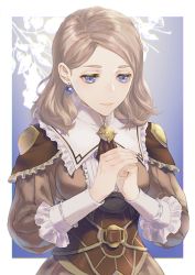 Rule 34 | 1girl, ascot, bodice, border, breasts, brown ascot, brown dress, center frills, closed mouth, commentary request, dress, earrings, fire emblem, fire emblem: three houses, fire emblem warriors: three hopes, frilled dress, frills, isa (peien516), jewelry, light brown hair, lips, long hair, long sleeves, medium breasts, mercedes von martritz, nintendo, official alternate costume, official alternate hairstyle, outside border, own hands together, purple eyes, smile, solo, white border