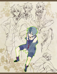 Rule 34 | 10s, 1boy, :p, bad id, bad pixiv id, blue hair, character sheet, collar, grey eyes, guilty crown, kenji kido, kido kenji, male focus, one eye closed, open mouth, partially colored, paruru (yu-cho), plant, solo, tongue, tongue out, wink