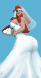 Rule 34 | 1girl, adventures of sonic the hedgehog, archie comics, ass, bare shoulders, blue background, bouquet, bracelet, breasts, bridal veil, circlet, commission, curvy, dress, earrings, flower, forehead jewel, hair over shoulder, highres, holding, holding bouquet, hoop earrings, huge ass, huge breasts, jewelry, katella the huntress, lips, lipstick, long dress, long hair, looking back, makeup, no bra, nose, purple eyeshadow, red hair, redblacktac, sideboob, smile, solo, sonic (series), strapless, strapless dress, veil, wedding dress, white dress