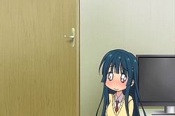 Rule 34 | 10s, 1girl, animated, animated gif, blush, door, long hair, love colon, lowres, purple eyes, school uniform, television