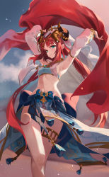 Rule 34 | 1girl, absurdres, aqua eyes, armpits, arms up, back bow, blue gemstone, blue sky, bow, closed mouth, cloud, commentary request, dancer, feet out of frame, gem, genshin impact, harem outfit, highres, holding cloth, long hair, long sleeves, looking at viewer, nilou (genshin impact), outdoors, red hair, sky, smile, solo, stomach, tassel, thigh gap, thighlet, timo wei95, veil, vision (genshin impact), waist bow, white headdress, white sleeves