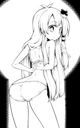 Rule 34 | 1girl, arms behind back, ass, bra, bra strap, breasts, commentary request, female focus, frog hair ornament, from behind, futa (nabezoko), greyscale, hair ornament, hair tubes, highres, keyhole, kochiya sanae, long hair, looking back, monochrome, panties, sidelocks, sketch, snake hair ornament, solo, touhou, underwear