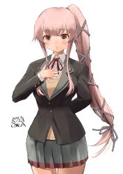 Rule 34 | 1girl, adapted costume, alternate costume, artist name, black jacket, black ribbon, blazer, brown eyes, cowboy shot, dated, grey skirt, hair flaps, hair ribbon, hand on own chest, highres, jacket, kantai collection, long hair, looking at viewer, owa (ishtail), pink hair, pleated skirt, ponytail, ribbon, skirt, solo, sweater vest, very long hair, yura (kancolle)