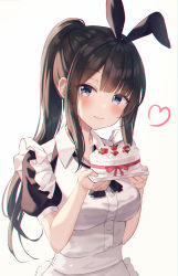 Rule 34 | 1girl, absurdres, animal ears, black hair, blue eyes, blush, cake, closed mouth, food, haneiro, head tilt, heart, highres, holding, holding cake, holding food, long hair, maid, original, ponytail, rabbit ears, simple background, smile, solo, white background