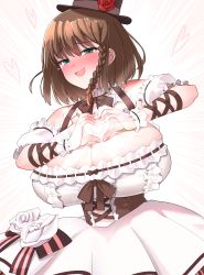 Rule 34 | 1girl, absurdres, akitokage, bare shoulders, blush, braid, breasts, brown hair, charlotte corday (fate), cleavage, fate/grand order, fate (series), green eyes, heart, heart hands, highres, huge breasts, looking at viewer, open mouth, short hair, side braid, smile, solo