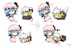 Rule 34 | 2girls, animal ears, bad id, bad pixiv id, bat wings, blonde hair, blue hair, blush stickers, box, cat ears, cat girl, cat tail, chibi, derivative work, dress, eating, closed eyes, female focus, flandre scarlet, food, hanahanamaki, hand on head, hat, hat with ears, heart, ice cream, in box, in container, kemonomimi mode, multiple girls, o o, open mouth, headpat, pink dress, red dress, remilia scarlet, siblings, side ponytail, sisters, smile, tail, tail wagging, touhou, translation request, wings