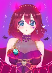 Rule 34 | 1girl, alternate hairstyle, an alluring devil (love live!), aqua eyes, artist name, artist request, bare shoulders, black dress, black gloves, black wings, blue eyes, blush, bow, bracelet, braid, breasts, brown hair, buttons, center frills, cleavage, collarbone, curly hair, demon horns, demon wings, detached collar, dress, dress bow, earrings, elbow gloves, emma verde, facial mark, facial tattoo, fake demon horns, female focus, freckles, frilled dress, frills, gem, gloves, hair between eyes, heart, heart (symbol), heart earrings, heart necklace, heart print, heart tattoo, horns, jewelry, lace, lace gloves, long hair, looking at viewer, love live!, love live! nijigasaki high school idol club, love live! school idol festival, love live! school idol festival all stars, medium breasts, necklace, parted lips, pearl (gemstone), pearl bracelet, pearl necklace, plaid, plaid dress, pleated, pleated dress, purple background, purple bow, purple detached collar, purple dress, purple ribbon, purple wings, purple wrist cuffs, red hair, ribbon, short hair, skirt, sleeveless, sleeveless dress, smile, solo, sparkle, tail, tattoo, upper body, wing earrings, wings, wrist cuffs