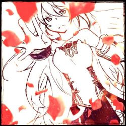 Rule 34 | 1girl, bare shoulders, breasts, detached sleeves, flower, long hair, milla (fractured), monochrome, open mouth, red theme, rose, skirt, tales of (series), tales of xillia, tales of xillia 2