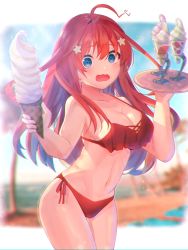 Rule 34 | 1girl, ahoge, bare shoulders, beach, bikini, blue eyes, blurry, blurry background, blush, breasts, chromatic aberration, cleavage, collarbone, commentary request, cowboy shot, expressive hair, food, go-toubun no hanayome, groin, hair between eyes, hair ornament, highres, holding, holding food, ice cream, large breasts, light rays, long hair, looking at viewer, midriff, nakano itsuki, navel, open mouth, red bikini, red hair, side-tie bikini bottom, sidelocks, slime07, soft serve, solo, sparkle, standing, star (symbol), star hair ornament, sunbeam, sunlight, swimsuit, w arms, wavy mouth