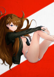 Rule 34 | 1girl, absurdres, ass, blue eyes, breasts, brown hair, cleavage, evangelion: 3.0+1.0 thrice upon a time, green jacket, highres, interface headset, jacket, long hair, looking at viewer, medium breasts, midriff, neon genesis evangelion, rebuild of evangelion, sasasa r 23, shiny skin, solo, souryuu asuka langley, underwear, underwear only, very long hair, wide hips