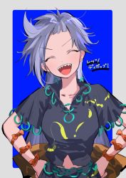 Rule 34 | 1girl, :d, ^ ^, arm ribbon, arm strap, back bow, belt, black shirt, black skirt, blouse, blue background, blue hair, border, bow, breasts, carbonara hontyotyo, chain belt, closed eyes, collarbone, collared shirt, commentary request, green belt, happy, highres, himemushi momoyo, jewelry, long hair, medium breasts, messy hair, midriff peek, multiple rings, open mouth, orange bow, orange ribbon, patterned clothing, ribbon, ring, sharp teeth, shirt, short sleeves, simple background, skirt, skirt set, smile, solo, teeth, touhou, translation request, upper body, upper teeth only, v-shaped eyebrows, very long hair, waist bow, white border