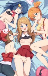 Rule 34 | 4girls, armpits, ass, blue eyes, blue hair, blue shorts, blush, breasts, brown hair, cleavage, clothes lift, clothes pull, creatures (company), dawn (pokemon), fingering, game freak, green eyes, hat, highres, looking at viewer, may (pokemon), medium breasts, midriff, miso (misomiso 154), misty (pokemon), multiple girls, navel, nintendo, orange hair, panties, pokemon, pokemon (anime), pokemon (classic anime), pokemon dppt, pokemon rse, pokemon xy, serena (pokemon), shirt, shorts, skirt, skirt lift, skirt pull, small breasts, tank top, thong, underwear, yellow shirt