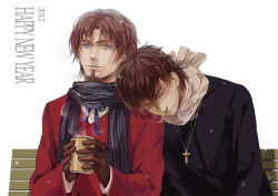 Rule 34 | 10s, 2012, 2boys, bench, blue eyes, brown hair, bubble, can, coat, cross, cross necklace, drink, closed eyes, facial hair, fate/zero, fate (series), formal, gloves, goatee, hot drink, jewelry, kotomine kirei, male focus, multiple boys, necklace, new year, realistic, scarf, sleeping, snot, suit, tohsaka tokiomi, yunvshen