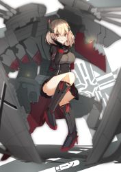 Rule 34 | 1girl, azur lane, black capelet, black dress, blonde hair, boots, breasts, brown eyes, cannon, capelet, collared jacket, dress, full body, hair between eyes, hair ornament, headgear, highres, jacket, large breasts, looking at viewer, machinery, madotsukumo, mechanical boots, mechanical hands, medium hair, multicolored hair, red hair, roon (azur lane), sitting, solo, streaked hair, turret