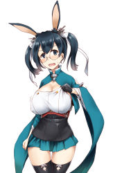 Rule 34 | 1girl, alternate costume, animal ears, azur lane, bespectacled, black hair, black thighhighs, blue eyes, blush, breasts, cleavage, covered erect nipples, embarrassed, glasses, gloves, hair ornament, highres, historical name connection, huge breasts, impossible clothes, japanese clothes, kantai collection, large breasts, long hair, looking at viewer, minase (takaoka nanase), name connection, open mouth, pleated skirt, rabbit ears, ribbon, simple background, skirt, solo, souryuu (azur lane), souryuu (kancolle), thighhighs, thighs, twintails, white background, white ribbon, wide sleeves