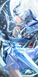 Rule 34 | 1girl, backless outfit, bare shoulders, black gloves, blue sleeves, commentary request, crescent, detached sleeves, eyes visible through hair, floating hair, gloves, grey hair, hair between eyes, haruri, highres, holding, holding sword, holding weapon, honkai: star rail, honkai (series), jingliu (honkai: star rail), long hair, long sleeves, red eyes, signature, snowflakes, solo, standing, sword, very long hair, weapon