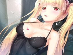 Rule 34 | 1girl, akuma no musume no utau melody, armpits, bare shoulders, black dress, blonde hair, blush, breasts, breasts apart, chiibou (shoukasen), cleavage, demon wings, dress, earrings, female focus, game cg, highres, hoop earrings, indoors, jewelry, lace, light blush, long hair, looking at viewer, medium breasts, nose blush, original, parted lips, red eyes, smile, solo, standing, tattoo, twintails, upper body, wings