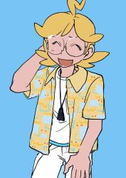 Rule 34 | 1boy, :d, ^ ^, ahoge, alternate costume, blonde hair, blue background, clemont (pokemon), closed eyes, closed mouth, collared jacket, commentary, creatures (company), elizabeth (tomas21), flipped hair, game freak, glasses, hand on own thigh, hand up, happy, highres, jacket, jewelry, male focus, medium hair, necklace, nintendo, open clothes, open jacket, open mouth, pants, pokemon, pokemon xy, round eyewear, shirt, short sleeves, simple background, smile, solo, white pants, white shirt, yellow jacket