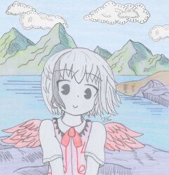 Rule 34 | 1girl, bird wings, colored pencil (medium), hollow song of birds, junwen971, light smile, looking at viewer, multicolored hair, neck ribbon, pink vest, red wings, ribbon, short hair, smile, solo, torisumi horou, touhou, traditional media, vest, wings