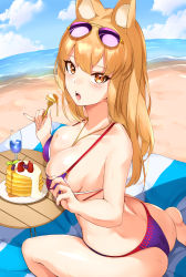 Rule 34 | 1girl, :o, absurdres, animal ears, ass, back, bare arms, bare legs, bare shoulders, barefoot, beach, beach towel, blue sky, blueberry, blush, breasts, cleavage, cloud, collarbone, cup, day, dimples of venus, drink, drinking glass, eyewear on head, fate/grand order, fate (series), food, fork, fox ears, fox girl, from behind, fruit, haneramu, highres, holding, holding fork, ice, ice cube, large breasts, long hair, looking at viewer, looking back, ocean, open mouth, orange eyes, orange hair, outdoors, pancake, purple-tinted eyewear, rimless eyewear, sitting, sky, solo, strawberry, sunglasses, suzuka gozen (fate), suzuka gozen (heavenly demon princess) (fate), table, tinted eyewear, towel, wariza, water, wooden table