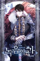 Rule 34 | 1boy, aiguillette, arm armor, black hair, blue eyes, blurry, blurry background, character request, copyright request, cover, cover page, ena (enaa97), korean commentary, looking at viewer, male focus, novel cover, pillar, planted, planted sword, planted weapon, robe, royal robe, short hair, solo, sword, weapon