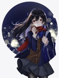 Rule 34 | 1girl, absurdres, bad id, bad pixiv id, bag, black hair, black pantyhose, blazer, blue bow, blue jacket, blush, bottle, bow, brown eyes, clenched hand, handbag, highres, hirakana, holding, holding bottle, jacket, long hair, looking at viewer, original, pantyhose, parted lips, red scarf, scarf, smile, solo, standing