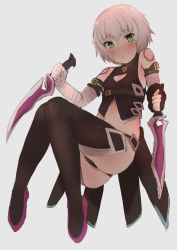 Rule 34 | 1girl, black thighhighs, blush, breasts, dagger, dual wielding, fate/apocrypha, fate/grand order, fate (series), female focus, highres, holding, jack the ripper (fate/apocrypha), john zhang, knife, reverse grip, short hair, simple background, small breasts, solo, thighhighs, weapon, white background, white hair