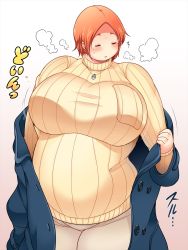 Rule 34 | 1girl, belly, blush, breasts, closed eyes, fat, highres, huge breasts, jewelry, necklace, obese, orange hair, shimejix, short hair, solo