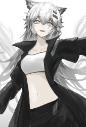 Rule 34 | 1girl, absurdres, animal ears, arknights, bandeau, breasts, commentary, grey background, grey eyes, grin, hair between eyes, highres, lappland (arknights), long hair, long sleeves, looking at viewer, medium breasts, midriff, navel, revision, silver hair, simple background, smile, solo, stomach, strapless, tube top, upper body, uryu (uryu0329), very long hair, wolf ears