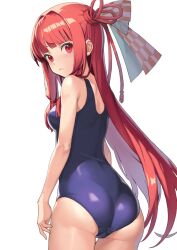 Rule 34 | 1girl, akahara tyun, ass, blue one-piece swimsuit, blunt bangs, breasts, from above, from behind, hair ribbon, kotonoha akane, long hair, looking at viewer, looking back, low-tied sidelocks, medium breasts, one-piece swimsuit, red eyes, red hair, ribbon, school swimsuit, simple background, solo, swimsuit, tress ribbon, very long hair, voiceroid, white background