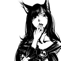 Rule 34 | 1girl, animal ears, brooch, collarbone, fingernails, greyscale, hand on mouth, hand to own mouth, imaizumi kagerou, jewelry, long fingernails, long hair, monochrome, ruukii drift, solo, touhou